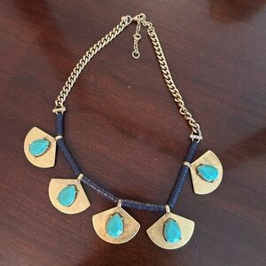 J. Crew Turquoise Blue Flat Bead Gold Tone Antiqued Fan Necklace